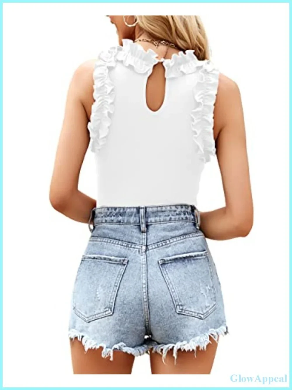 Ribbed Sleeveless Racerback Ruffle Mock Neck Bodysuit Tank Top